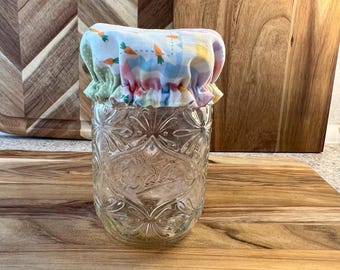 Reversible Mason Jar Cover: Spring Bunny & Pastel Plaid, Reusable Bonnet
