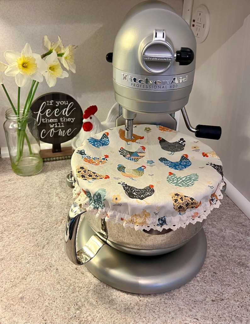 Reversible Mixer Bowl Cover - Lace Country Patterned Chickens and Floral - Kitchen Essentials - Reusable Bowl Cover - Kitchen Must Haves