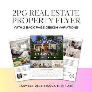 Può includere: Un modello di volantino immobiliare con due varianti di design della pagina posteriore. Il volantino presenta una casa con l'indirizzo 123 Main Street, foto degli interni e il testo "Easy Editable Canva Template."