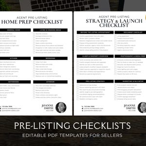 May include: Two-page, black and white real estate pre-listing checklists. The checklists include sections for home prep, strategy, and launch. The Canva logo is in the upper right corner. The bottom of the image reads, "PRE-LISTING CHECKLISTS EDITABLE PDF TEMPLATES FOR SELLERS."