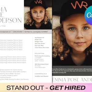 Plantilla de currículum de actor infantil editable en Canva / Página de modelo de carta de presentación y foto de rostro / Paquete de portafolio de actuación infantil imprimible / CV de la industria