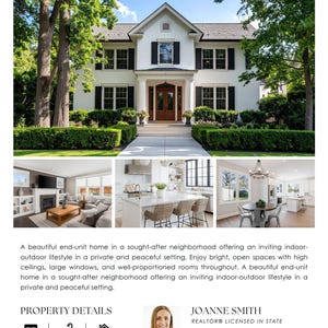 Può includere: Una casa bianca a due piani con persiane nere e una porta d'ingresso marrone. L'immagine include scatti degli interni della casa, insieme ai dettagli della proprietà: 2 camere da letto, 2 bagni e 371,61 metri quadrati. L'indirizzo è 1234 Main St, Charleston, SC 29403.