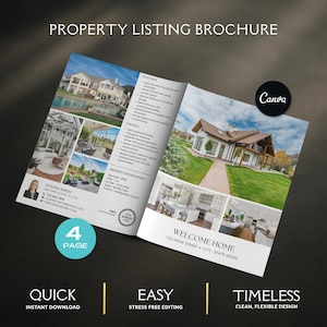 May include: A property listing brochure, open to display interior and exterior home images. The brochure features the text "Property Listing Brochure", "Welcome Home", and "4 Page". The design includes the Canva logo and the words "Quick", "Easy", and "Timeless".