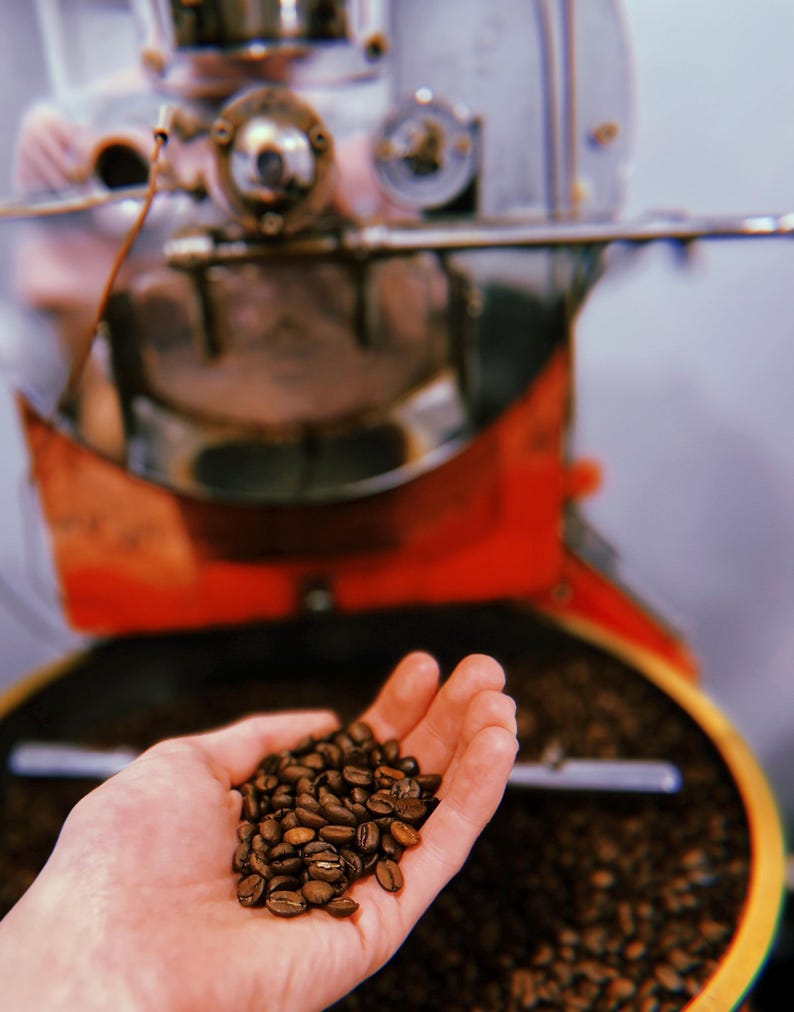 May include: A hand holding a small pile of dark brown roasted coffee beans. The beans are in focus, while the background is blurred and shows a large coffee roaster.