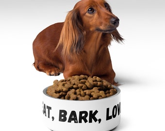 Durable Stainless Steel Pet Bowl with Rubber Base, Perfect for Food or Water - Eat, Bark, Love - Custom Printed