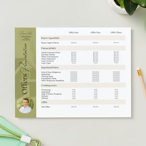 Può includere: Un modello di presentazione di offerta immobiliare stampabile beige e marrone con un'illustrazione di una casa e una foto di una persona. Il modello include sezioni per le informazioni dell'agente acquirente, le informazioni finanziarie, le date importanti, le contingenze e i dettagli dell'offerta. Il modello è progettato per aiutare gli agenti immobiliari a presentare offerte ai clienti.