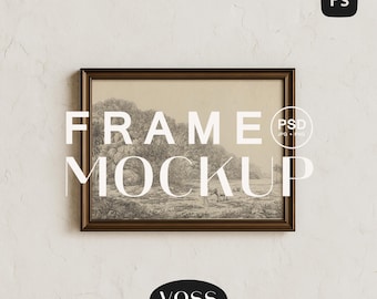 May include: A framed landscape art print with a brown frame is displayed against a textured white wall. The artwork features a detailed black and white illustration of trees and animals. The text "FRAME MOCKUP" is overlaid on the image.