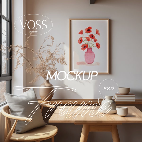 Dining Room Scandinavian Interior Frame MockUp Scene DIN A Ratio Photoshop MockUp Photopea Wall Art MockUp Digital Download PSD