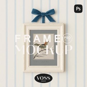 May include: A framed bird print mockup with a white frame, a blue bow, and a striped background. The print features a colorful bird perched on a branch. The frame is rectangular and has a distressed finish. The background has vertical blue stripes.