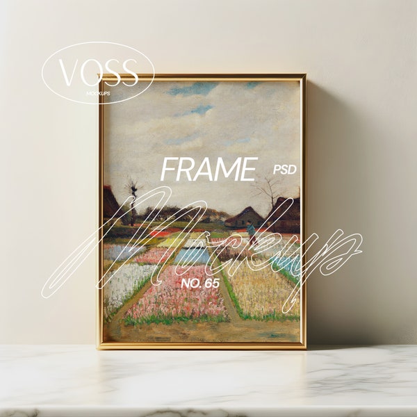 Wall Art Frame Mockup Interior Scene for Art Display Photoshop Vertical Portrait Gold Frame Mockup Photopea File Modern PSD Frame Mockup