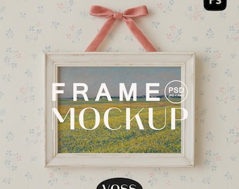 Horizontal Wall Art Frame Mockup with Pink Bow | 5x7 Poster PSD Mock Up | Feminine Nursery Display | Photopea Wall Art Template
