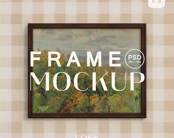 May include: A framed art mockup with a landscape painting featuring yellow and green foliage, a blue sky, and the text "FRAME MOCKUP". The frame is dark brown, and the background is a beige and white checkered pattern.