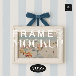 May include: A white framed art print depicting a beach scene, suspended by a blue velvet bow. The frame displays the text "FRAME MOCKUP" in white. The backdrop features a striped pattern of white and light blue.