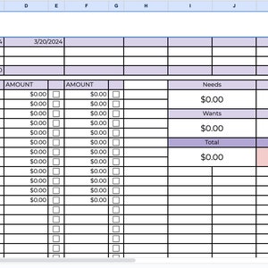 May include: A spreadsheet with a budget by paycheck for the dates 3/6/2024 and 3/20/2024. The spreadsheet includes categories for housing, utilities, food, toiletries, car, car insurance, savings, Netflix, and coffee and eating out. The spreadsheet also includes columns for due date, type, amount, and amount. The spreadsheet has a total amount of $0.00 and a remaining buffer of $0.00.