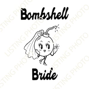 Puede incluir: Una ilustración gráfica en blanco y negro con el texto Bombshell Bride. El diseño muestra un personaje de bomba de dibujos animados con un velo de novia y tacones altos, levantando una mano para mostrar un anillo de diamantes.