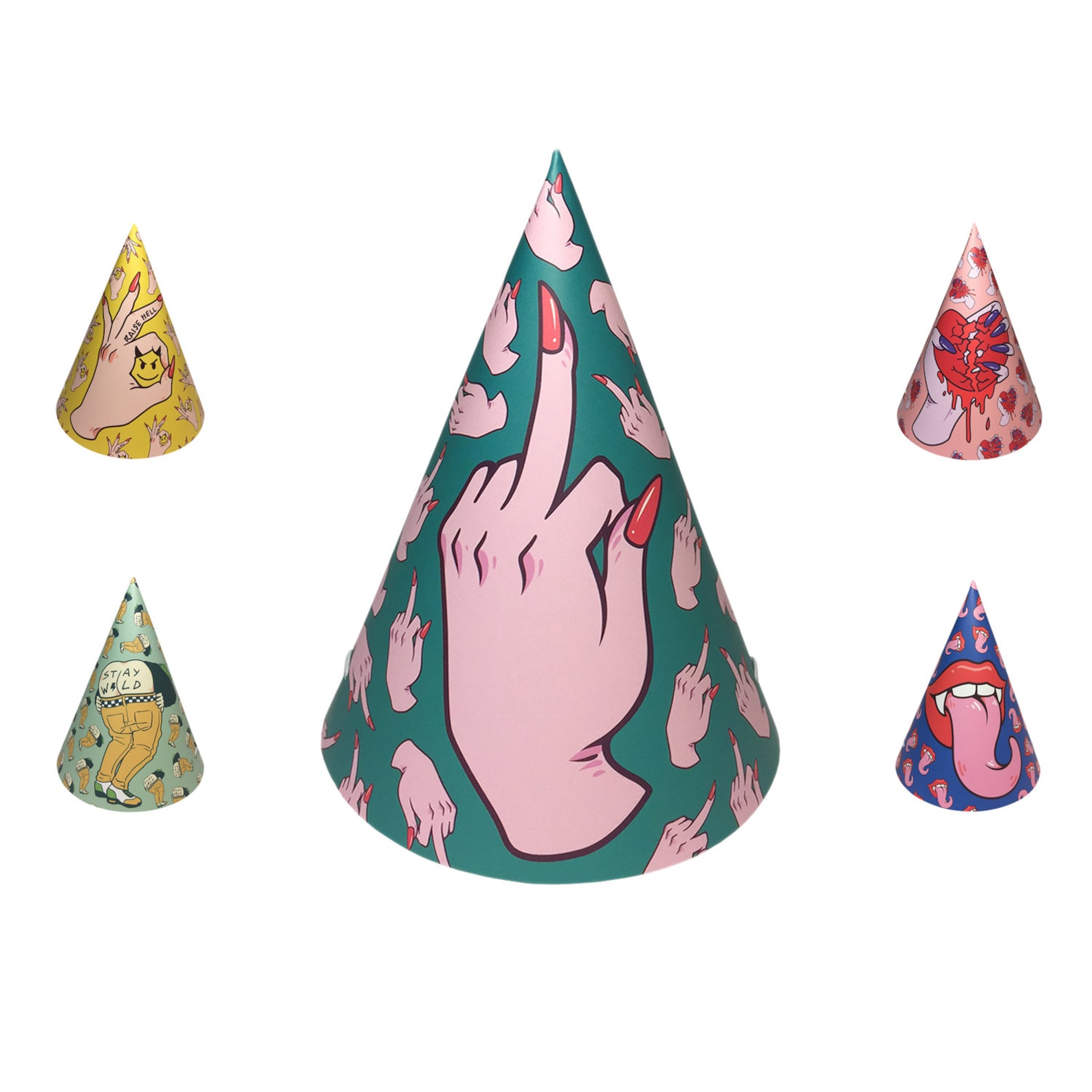 An Illustrated Hand Motif on a Cone Printed cone party hats with colorful illustrated hand and botanical-style patterns.