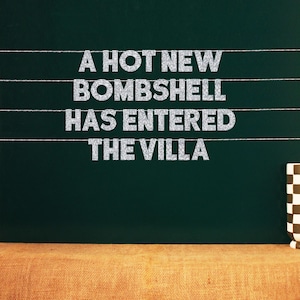 May include: A dark green chalkboard with the text "A HOT NEW BOMBSHELL HAS ENTERED THE VILLA" in silver glitter letters. The chalkboard is set against a burlap surface, with a black and white checkered mug on the right.
