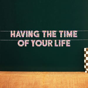 Puede incluir: Una pizarra verde oscuro con la frase "HAVING THE TIME OF YOUR LIFE" escrita en letras coloridas cubiertas de chispas. Una línea blanca cruza la pizarra. Una taza a cuadros está en el lado derecho de la imagen.