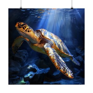 Impresión atmosférica de tortugas marinas, póster oceánico con acabado mate, regalo único para entusiastas de la vida marina