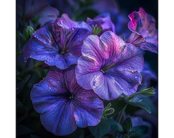 Peut inclure: Gros plan sur des pétunias violettes avec des gouttelettes d'eau sur les pétales. Les fleurs sont nettes, tandis que l'arrière-plan est flou.