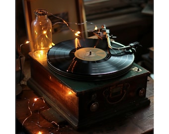 May include: A vintage record player with a black vinyl record spinning on the turntable. The player is made of wood and has a green finish. It is surrounded by string lights, creating a warm and inviting atmosphere.