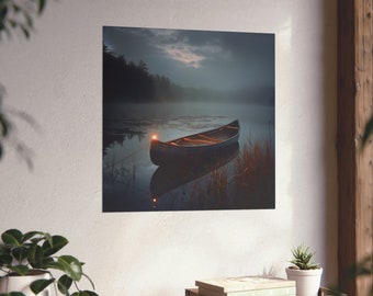 May include: A dark wooden canoe sits on a still lake with a glowing ember in the bow. The lake is surrounded by trees and fog, creating a mysterious and serene atmosphere.