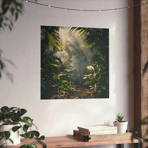 Póster de pared atmosférico de la jungla: obra de arte serena de la selva tropical con iluminación ambiental, regalo ideal para aventureros y exploradores