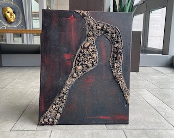 fracturé à l'intérieur | Toile abstraite texturée | Décoration murale technique mixte noir rouge cramoisi | Oeuvre d'art émotionnelle moderne | Art original fait main