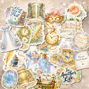 May include: A selection of decorative stickers with a vintage theme. The stickers depict floral arrangements, clocks, a masquerade mask, a dress, and text including "A Call from the Past" and "In Another Life". The colour scheme features soft blues, pinks, and gold.