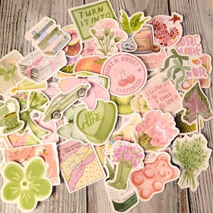 Può includere: Una collezione di adesivi colorati con vari disegni, tra cui fiori, libri, un'auto e testo. Gli adesivi presentano colori pastello come rosa, verde e giallo, con testo che dice "TURN IT INTO", "BE MINE" e "HORT N' SWEET CARPENTER".