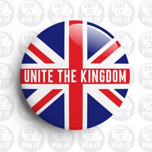 May include: A circular badge displaying the Union Jack flag in red, white, and blue. The words "UNITE THE KINGDOM" are printed in white across a red stripe in the center of the badge.