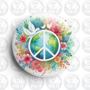 May include: A white peace symbol with a watercolour illustration of a globe inside. The peace symbol is surrounded by colourful flowers and leaves. Two white doves are flying above the peace symbol.