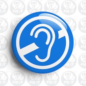 Peut inclure: Un bouton bleu et blanc avec un symbole de silence. Le symbole est une oreille blanche avec une ligne diagonale qui la traverse.