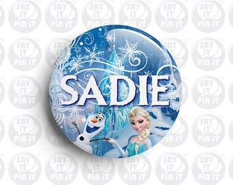 Frozen Theme Custom Name Badge 50mm/2 Inch Button Pin Backed Badge / Fridge Magnet / Name Badges / Childrens Badges / Party Themes