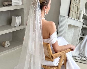 Chapel Pearl Blusher Veil   -  One and two Tier Layer Cathedral Wedding Veil with Pearls