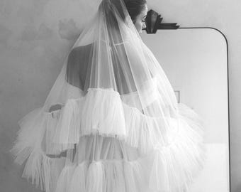 Ruffle Bridal Veil: Off White Fingertip Chapel Length with Blusher