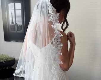 Waist Hip Length Lace Veil , Wedding Pearl Chapel Lace edged Short Floral Off-White bridal