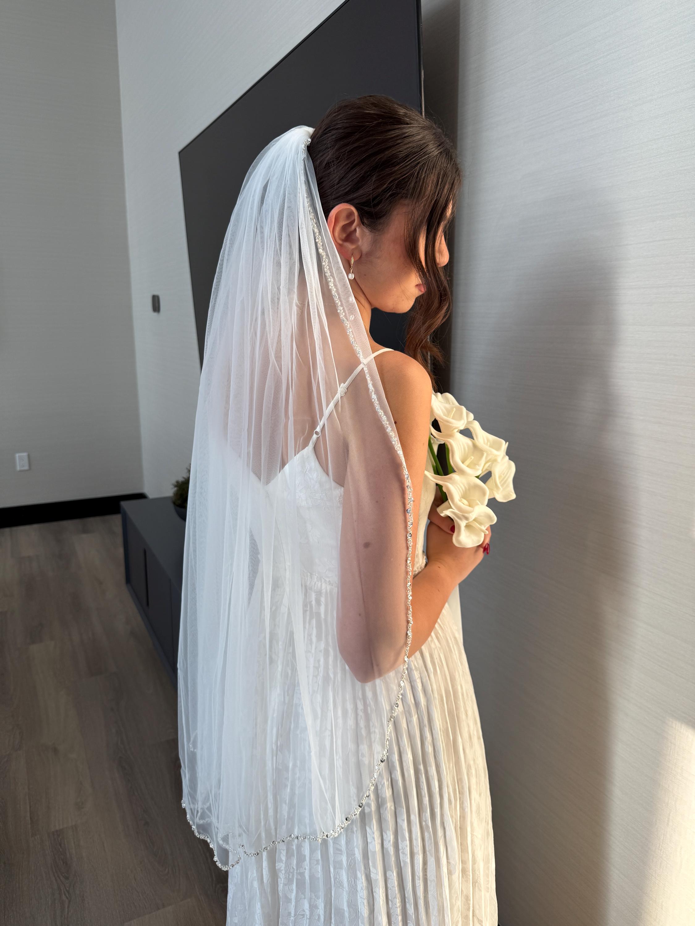 Beaded Sequin-Trim Fingertip Veil Wedding Veil with Vertical Beaded & Sequin Trim – Lotus  main image 4