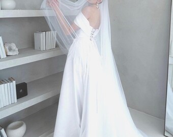 Royal Cathedral Veil with Blusher, Extra Long 4M Bridal Wedding Chapel Veil, Off-White Tulle