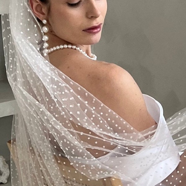 Wedding Polka Dot Dainty Veil | Bridal Floor Chapel length 2M Romantic Veil| Bride One Layer Ivory Dot Tulle Veil Ceremony Polka dot Veil
