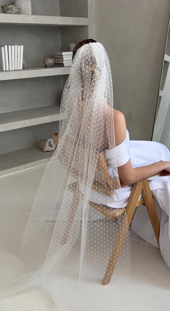 Sheer Pearl-Dotted Tulle Veil Catherdal Veil in Ivory Pearl Wedding Veil, Ivory Bridal Veil, Polka Dot Veil, Tulle  main image 4