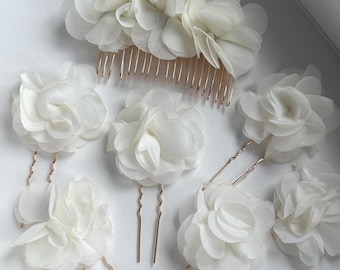 Ivory Organza Flower Hair Comb & Pins Matching Set, Floral Bridal Hair Accessory