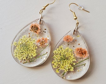 Handmade wildflower pressed flower gold sparkle teardrop earrings