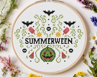 Summerween Cross Stitch Pattern PDF – Digital Download Halloween Sampler, Spooky Cute Watermelon Pumpkin