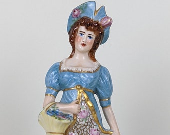 Porcelain statue woman with flower basket figure, Germany signed
