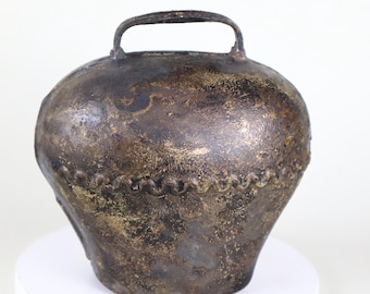 Large Swiss forged iron cowbell vintage alpine folk art 6.5 inches wide