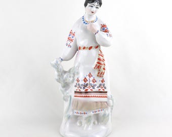Vintage Ukrainian Porcelain Figurine: Girl in Traditional Costume, 9.25"