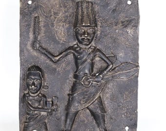 Vintage Benin Bronze Plaque, Warrior Chief and Attendant, Edo Art
