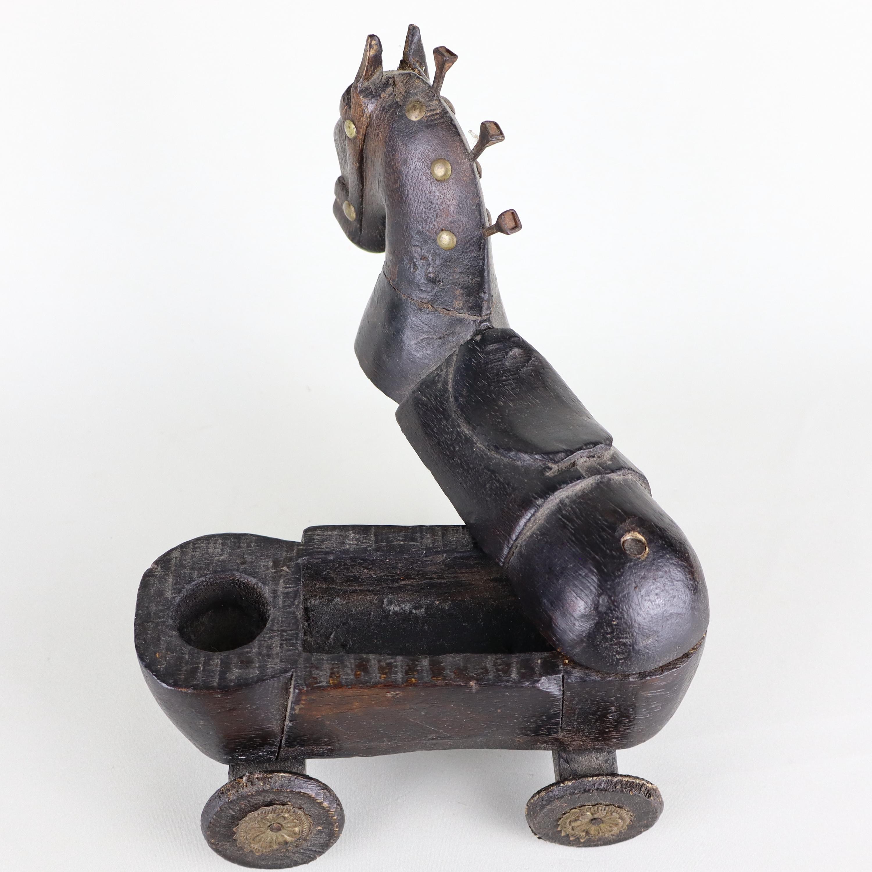 Ancien Cheval Bois Cuivre Rajasthan Jouet Old Vintage
