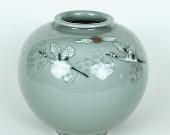 手作りの韓国陶磁器象嵌青磁（상감 청자）月瓶 - 千羽鶴、高麗、伝統